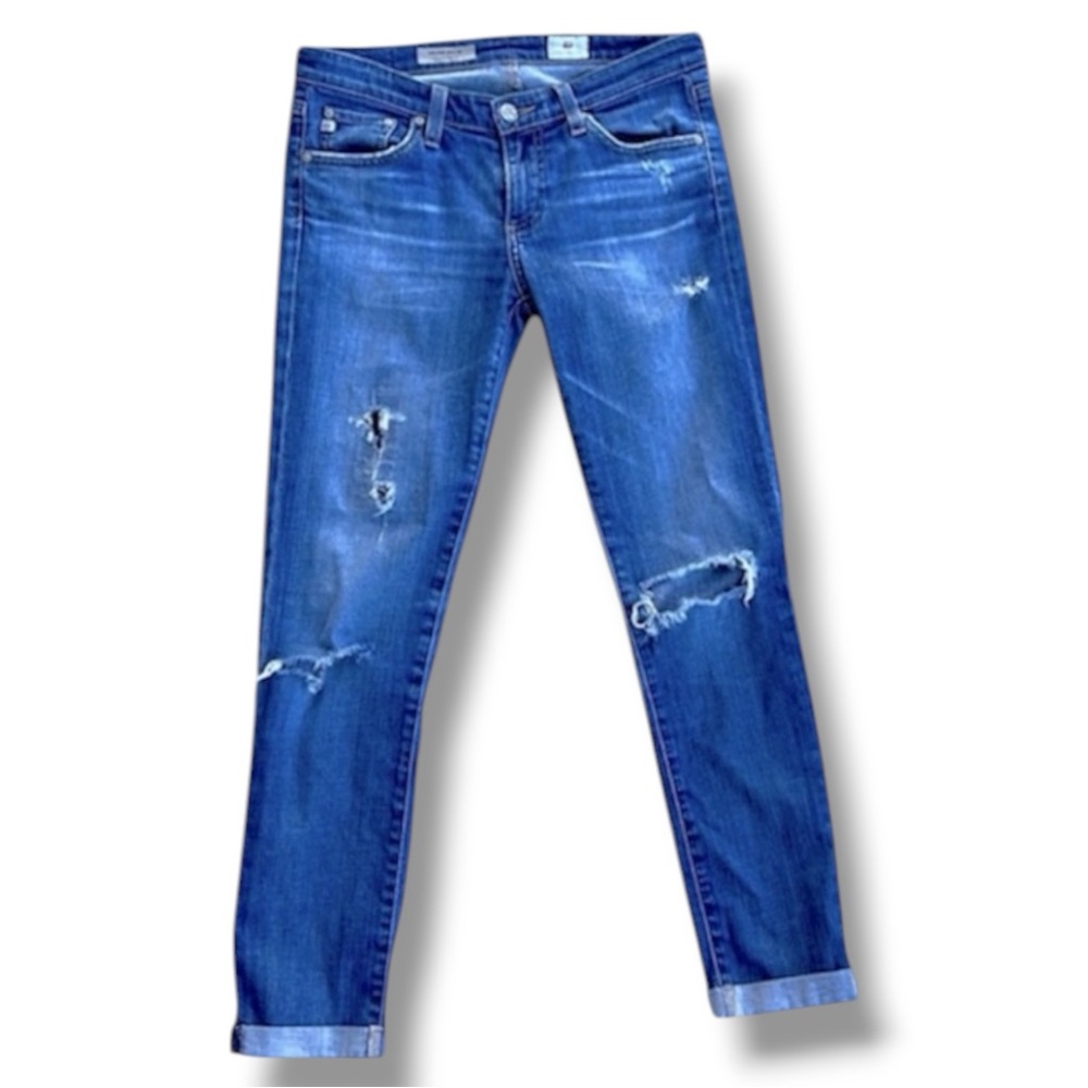 AG The Stilt Cigarette Roll-Up Low-Rise Distressed Stretch Ankle Jeans Waist 26